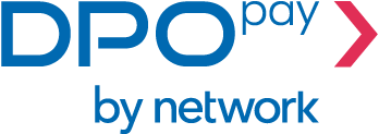 DPO pay by network logo with blue text and a red arrow pointing right.