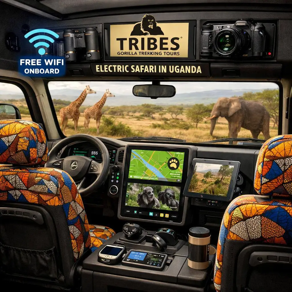 View from a safari vehicle, showing colourful seats, camera gear, tablets, and steering wheel, with giraffes and an elephant visible outside. A sign reads Tribes Gorilla Trekking Tours: Electric Safari in Uganda. Embark on an unforgettable journey with Uganda gorilla trekking safaris by Tribes Gorilla Trekking Tours and discover the wonders of Africa’s wildlife up close.